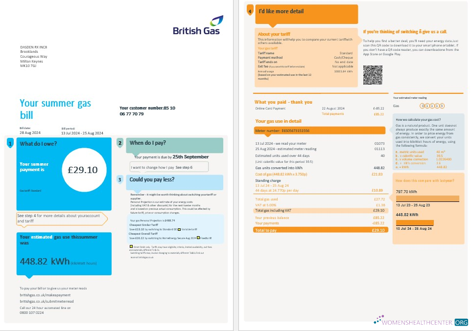 United Kingdom British Gas business utility bill, Word and PDF template, 4 pages 1 2